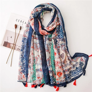 Women Ethnic Bohemian Paisley Floral Scarf Large Long Tasseled Shawl Cotton Linen Feel Travel Beach Sun Protection Wrap
