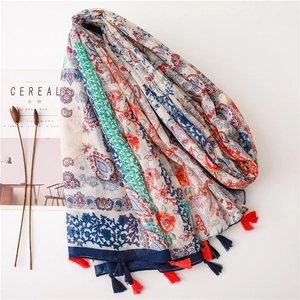 Ethnic style cotton linen scarf with floral paisley prints and decorative tassels