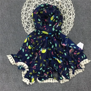 Retro Ethnic Style Cotton Scarf Navy Blue Bird Floral Print Shawl With Tassel Trim For Women