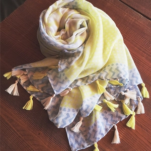 Lemon yellow wave print cotton scarf with fringe tassels for beach sun protection