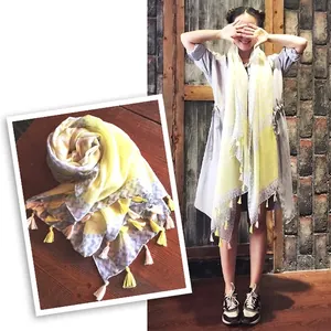 Yellow and grey geometric cotton scarf with tassels for beach sun protection