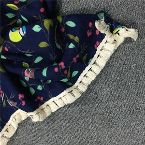 Ethnic vintage navy blue bird print cotton shawl scarf with white tassel fringe