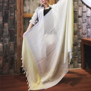 Summer cotton beach shawl with yellow wave pattern and decorative tassels for women