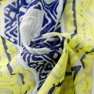 Close-up of bohemian scarf fabric showing yellow and blue geometric patterns and texture