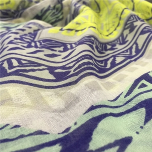 Detailed macro view of bohemian geometric pattern fabric in neon yellow and navy blue