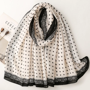 Hepburn style black polka dot silk scarf with paisley border for beach travel shawl