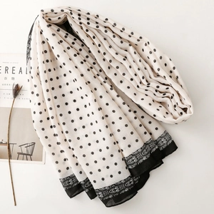 Polka dot silk scarf for women featuring black vintage border print and beige base