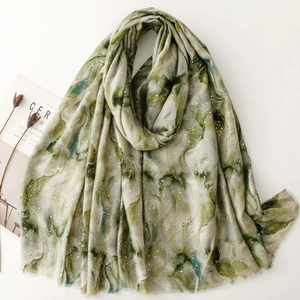 Ink marble gradient cotton linen scarf with elegant gold stamping and starfield pattern