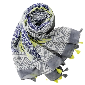 Bohemian geometric sun protection scarf with neon yellow diamond patterns and fringe trim