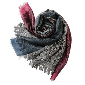 Grande écharpe à motif cachemire rose et bleu avec bords effilochés en forme de fleur