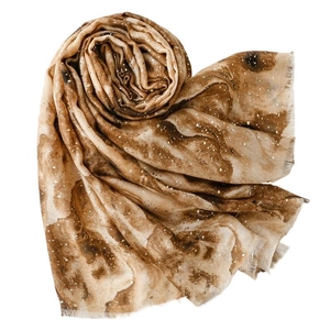 Linen feel scarf with golden gradient print and marble texture in brown and beige