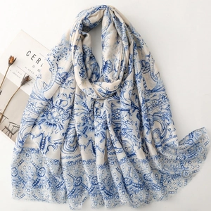 Écharpe Châle Imprimé Ethnique Vintage Pour Femmes Baroque Paisley Feuille D'or Bronzage Léger Respirant Bord Effiloché