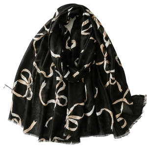 Écharpe noire en coton et lin avec motif nœud et bords effilochés élégants