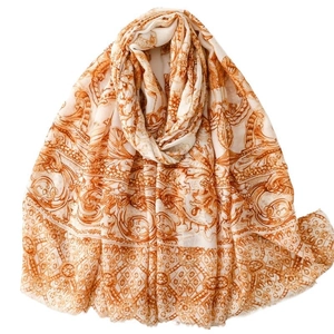 Écharpe en coton et lin à imprimé baroque orange et crème au style vintage chic