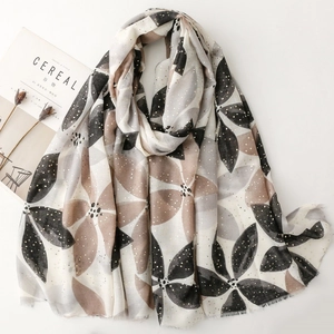 Damen Schal Stola Baumwolle Leinen Gefühl Bronzierung Goldene Punkte Blumenmuster Sonnenschutz Elegant Reise Wrap Fransenrand