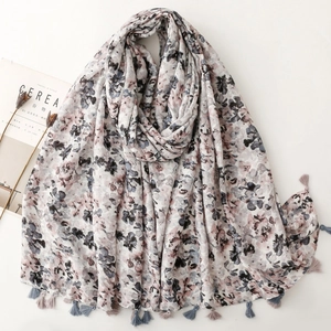 Floral print cotton linen feel scarf with tassels for sun protection and air conditioning