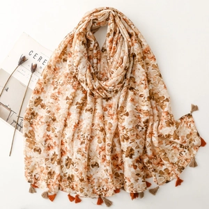 Floral cotton linen scarf with tassels, lightweight beige and orange sun shawl