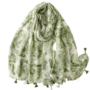 Ethnic paisley cotton linen scarf with green pattern and decorative fringe tassels