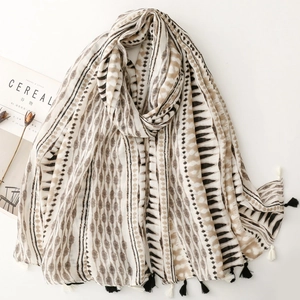 Bohemian geometric pattern scarf with fringe, cotton linen feel shawl in earth tones