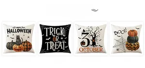 Detailed grid of four Halloween pillow covers featuring pumpkin and black cat patterns