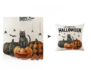 Detail of Halloween pillow case with black cat, pumpkin, and Happy Halloween text