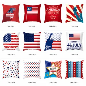 Grid of 12 July 4th peach skin pillow covers featuring red, white, and blue patriotic patterns