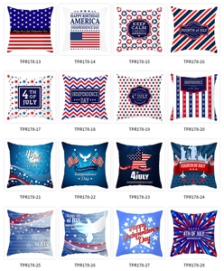 Grid view of 16 Independence Day pillow covers with red blue patriotic prints and SKU codes