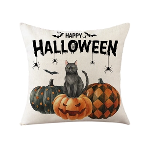 Polyester Halloween pillow cover featuring black cat on pumpkin with Happy Halloween text