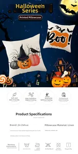 Detail of Halloween linen pillowcase showing 45x45cm size and pumpkin digital print texture