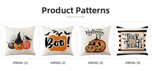Detailed views of four Halloween pillow covers with pumpkin prints and festive slogans