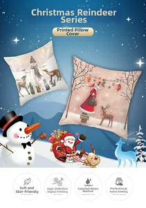 Detail of Christmas pillowcases with reindeer and snowman prints in a snowy scene