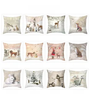 Grid view of 12 festive Christmas peach skin pillow covers with elk and snowman prints
