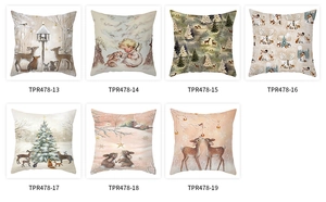 Selection of Christmas pillow covers featuring reindeer, angels and snowy forest prints