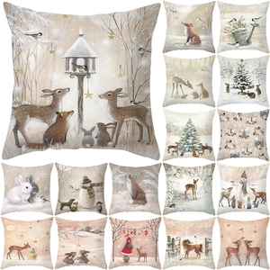 Christmas Elk Animal Printed Polyester Square Throw Pillowcase Decorative Cushion Cover For Home Sofa Living Room Bedroom Decor