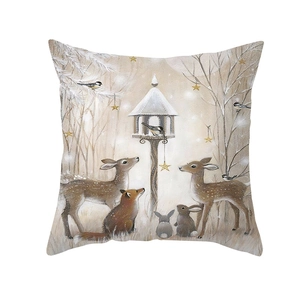 Winter woodland Christmas cushion cover with deer and fox print on peach skin fabric