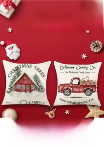 Detalle de fundas navideñas con camión rojo y casa invernal sobre fondo rojo festivo