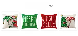 Detailed view of four Christmas pillow covers featuring festive gnomes and holiday typography