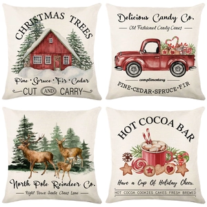 Fundas De Cojín De Navidad Mezcla De Lino Poliéster Reno Camión Rojo Cuadradas Decorativas Sofá Decoración Del Hogar