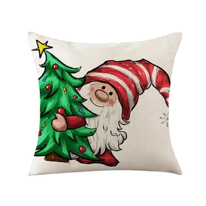 Christmas gnome holding a decorated tree on square polyester printed pillowcase