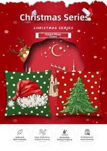 Detail of Christmas pillow covers featuring festive tree and hat prints on polka dot fabric