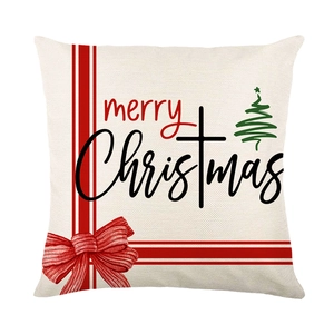 Christmas pillowcase with red bow and merry Christmas text on beige linen fabric