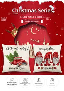 Details der Weihnachtskissenbezüge mit rotem Oldtimer-Truck und festlichen Gnomen