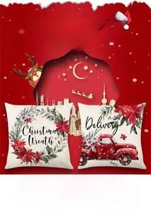Detail of Christmas throw pillow covers with floral wreath and vintage red truck prints