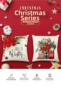 Détails des housses de coussin de Noël avec imprimés festifs HELLO WINTER et JOY