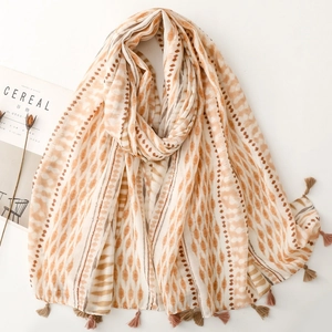 Lightweight cotton-linen scarf with geometric wave patterns and brown tassels