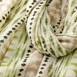 Detail of cotton linen scarf showing green stripes, coffee smudges, and black polka dots