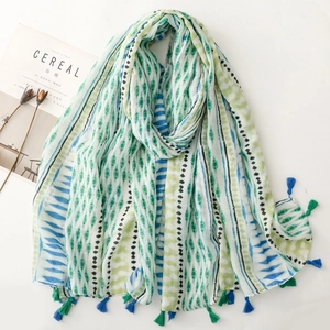 Bohemian Geometric Print Scarf Shawl Women Tassels Cotton Linen Feel Breathable Sun Protection Travel Beach Wrap