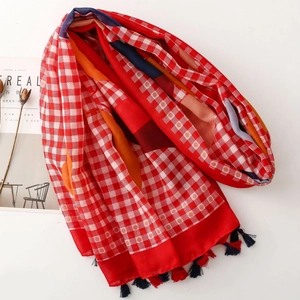 Lightweight red and white plaid scarf shawl with colorful patchwork and fringe tassels