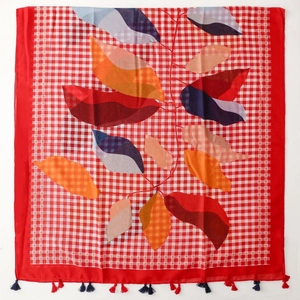 Floral print voile scarf with red and white plaid pattern and colorful tassel hem