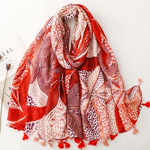 Ethnic style tropical leaf print long scarf with fringe tassels in red and orange colors